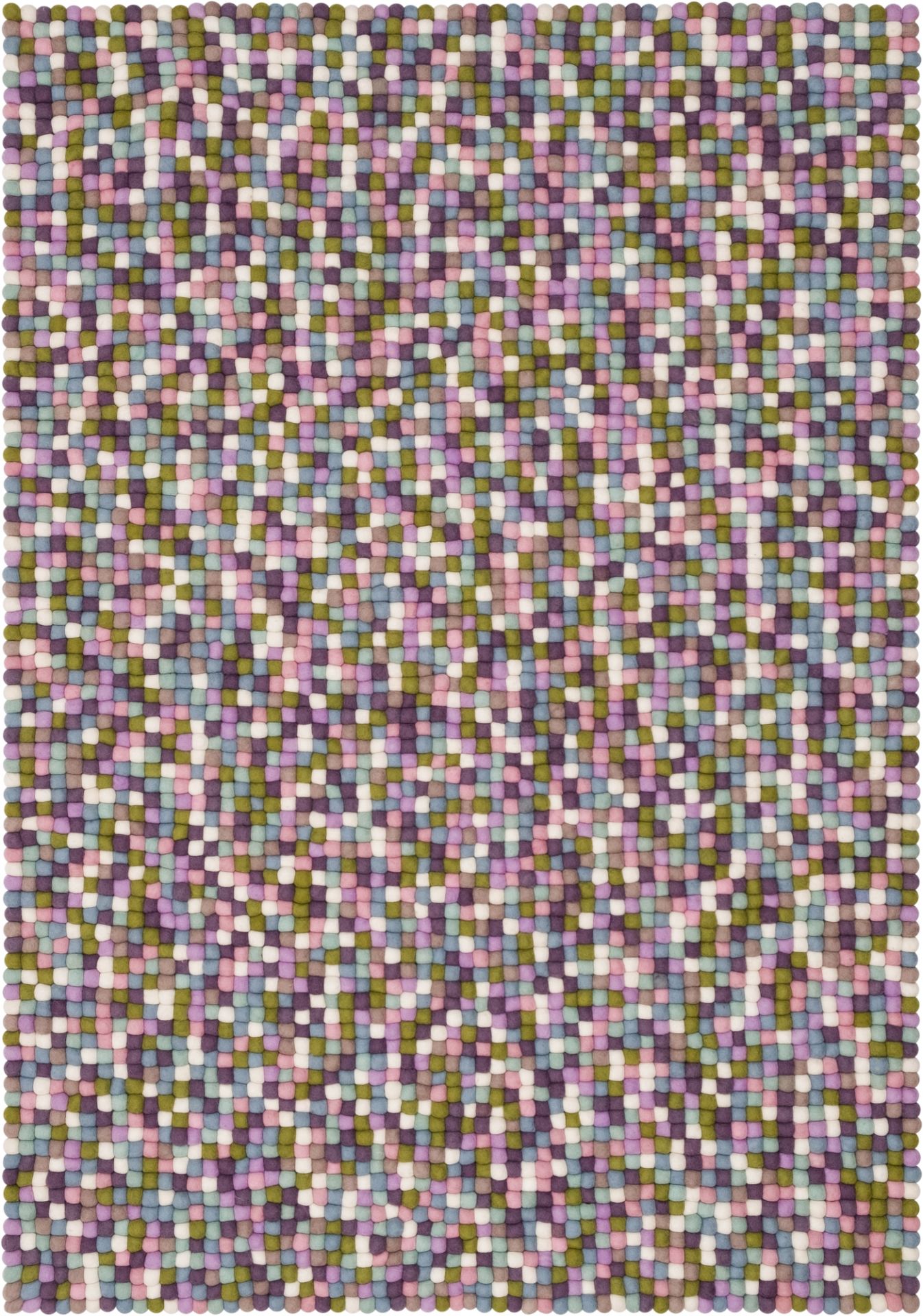 Myfelt Filzkugel Teppich 160x230 cm mit bunten Filzkugeln in Lila, Grün und Weiß.